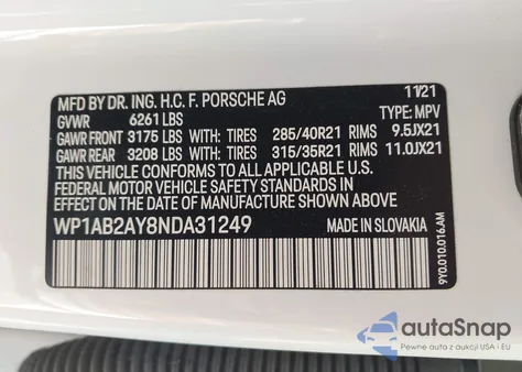 2022 Porsche Cayenne S/S Platinum Edition z USA, uszkodzony, nr VIN WP1AB2AY8NDA31249